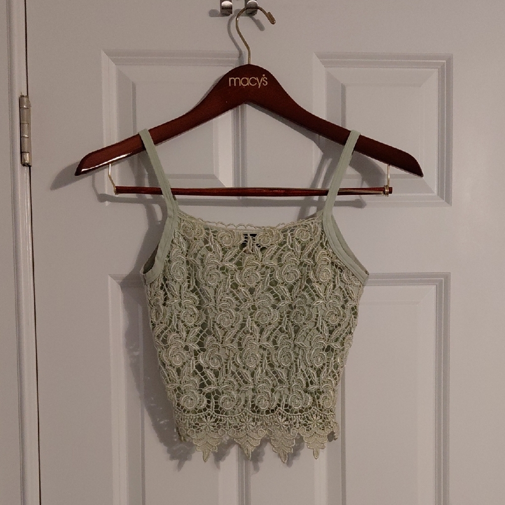 Vintage Lace Crop Tank Top With Lining- Sage Green, Size M